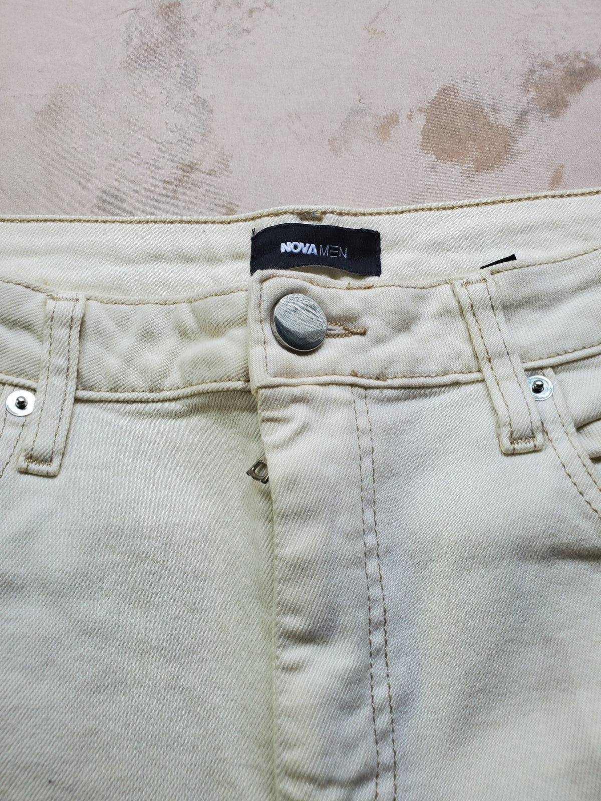 Nova Men Cargo Denim Jeans – Size 34x32 – Light Beige – Distressed Hem
