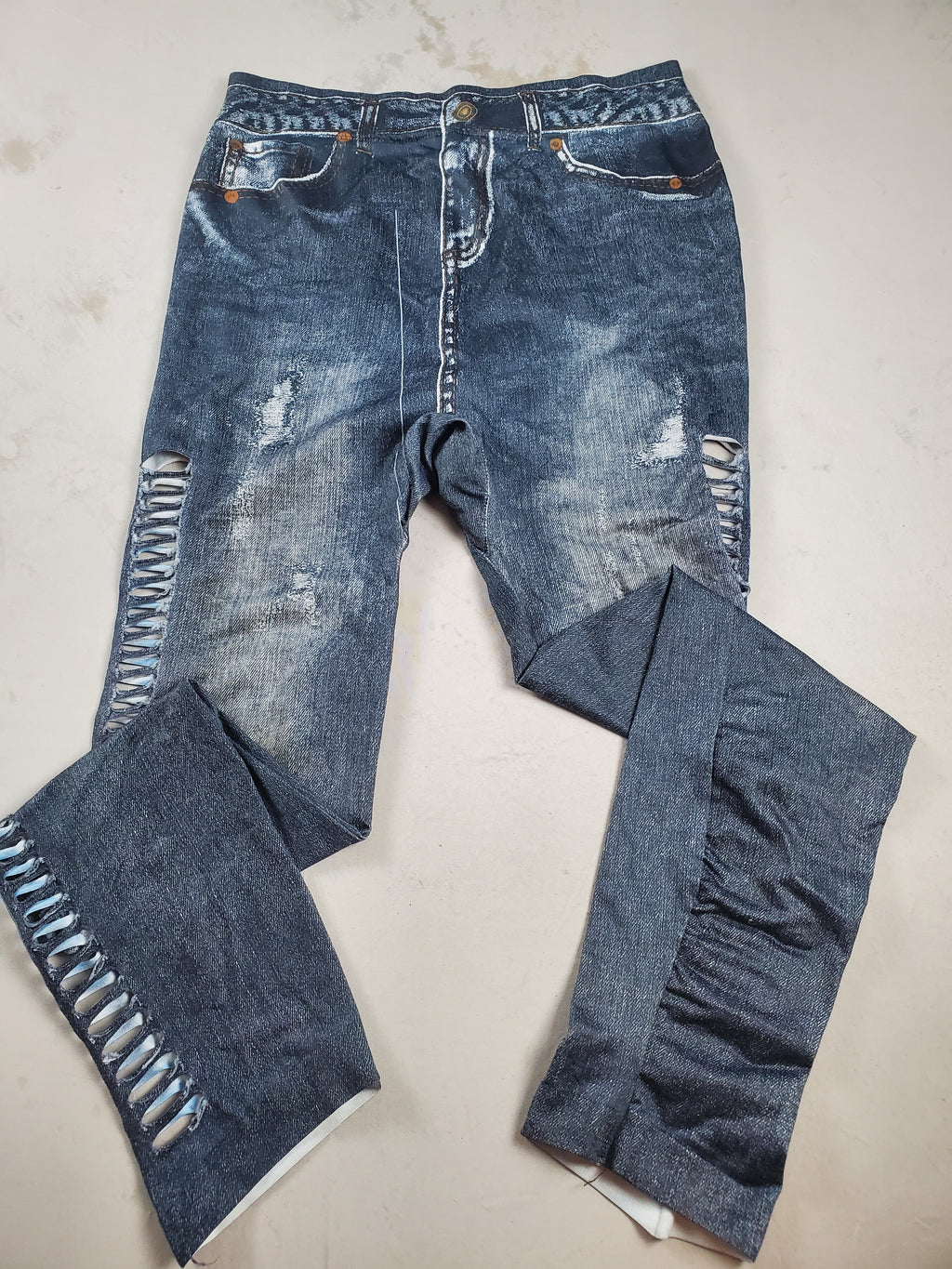 Just One Leggings – Distressed Denim Print – Slit Side Accents – 26x24 Unstretched