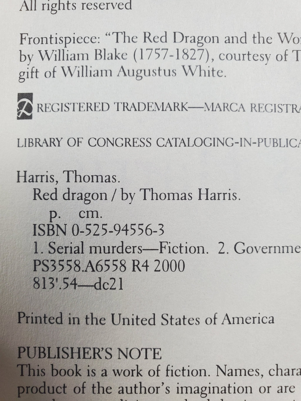Red Dragon by Thomas Harris – 2000 Hardcover – No Dust Jacket – Fair Condition