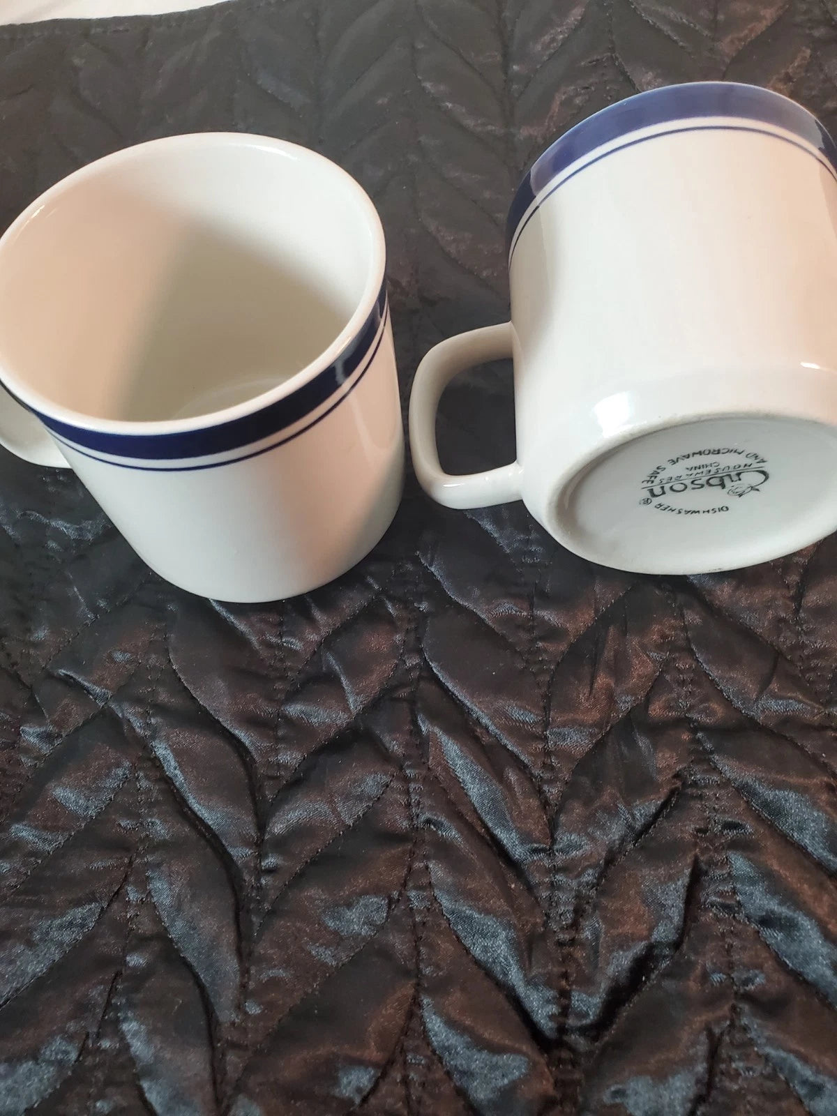 Set of 2 Vintage Gibson Housewares Flat Mug with D Handle Tan Blue Stripes