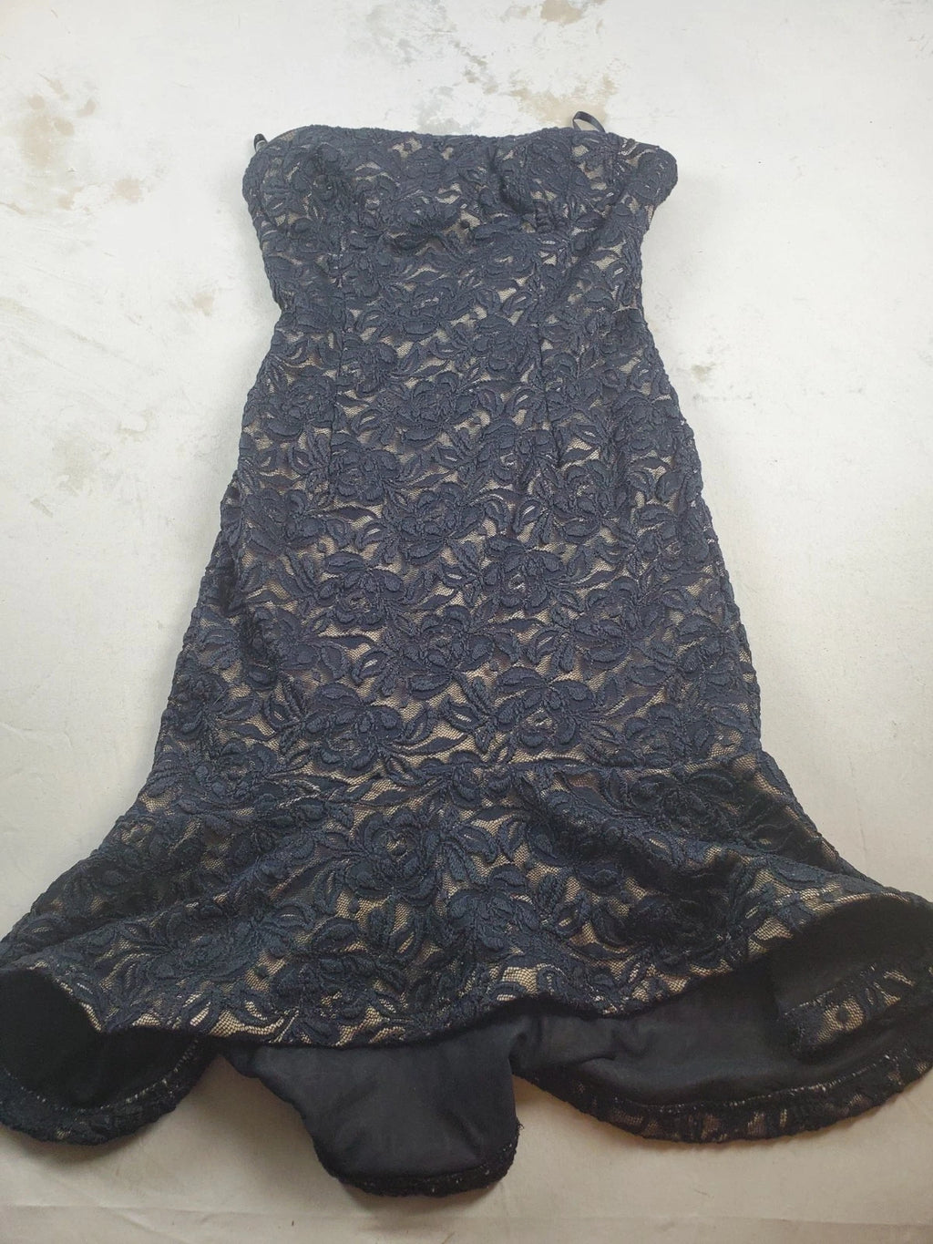 Bebe Formal Strapless Black Lace Bodysuit Dress nude lining Zipper Back – Size S
