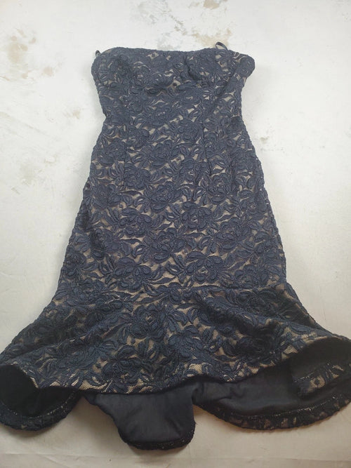 Bebe Formal Strapless Black Lace Bodysuit Dress nude lining Zipper Back – Size S
