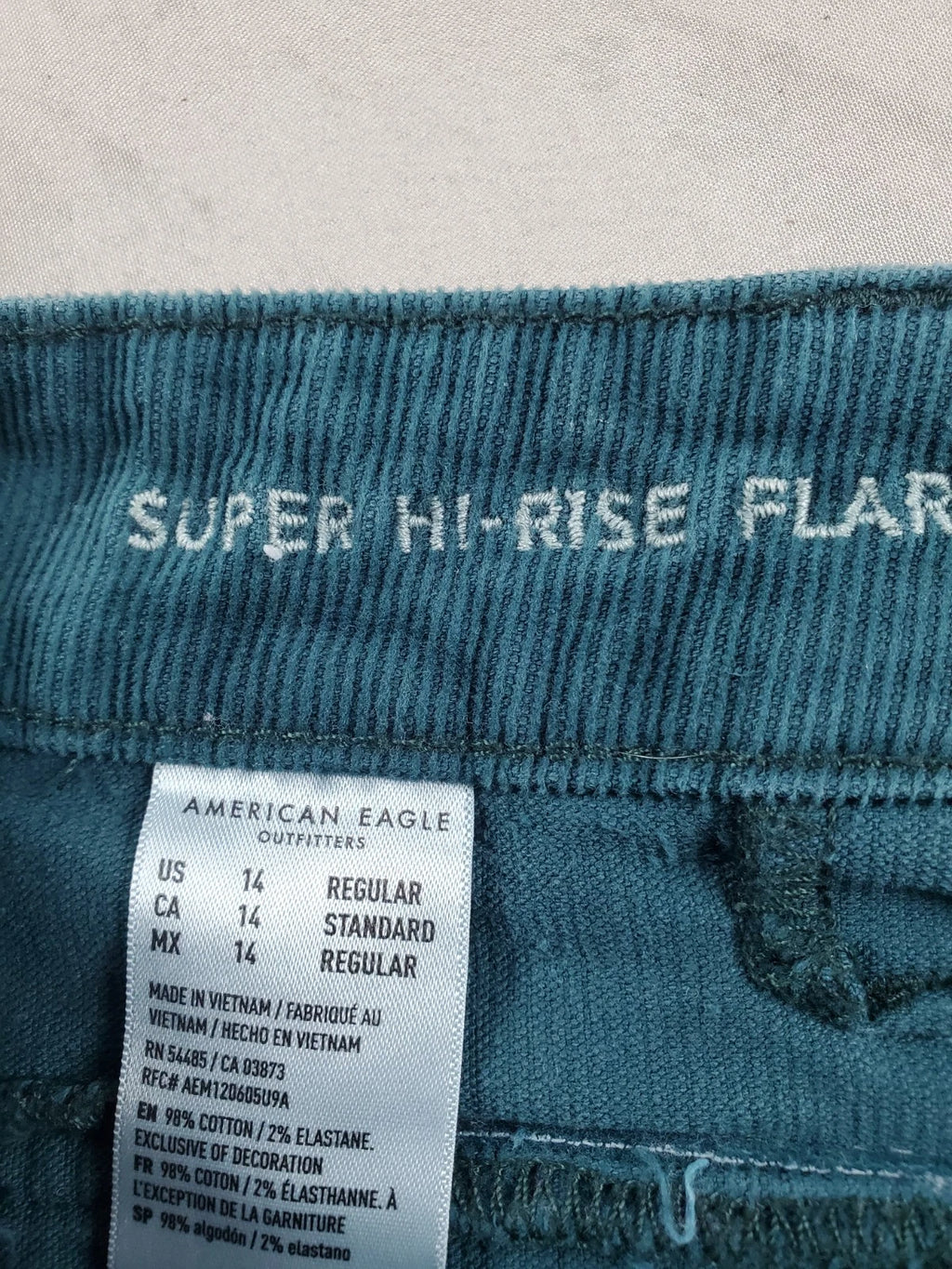 American Eagle Super Hi‑Rise Flare Corduroy Pants – Teal – 34” Stretch Waist