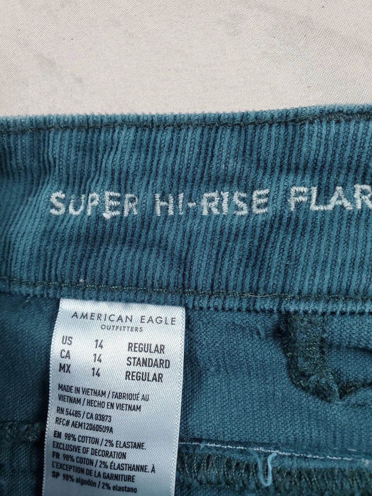 American Eagle Super Hi‑Rise Flare Corduroy Pants – Teal – 34” Stretch Waist