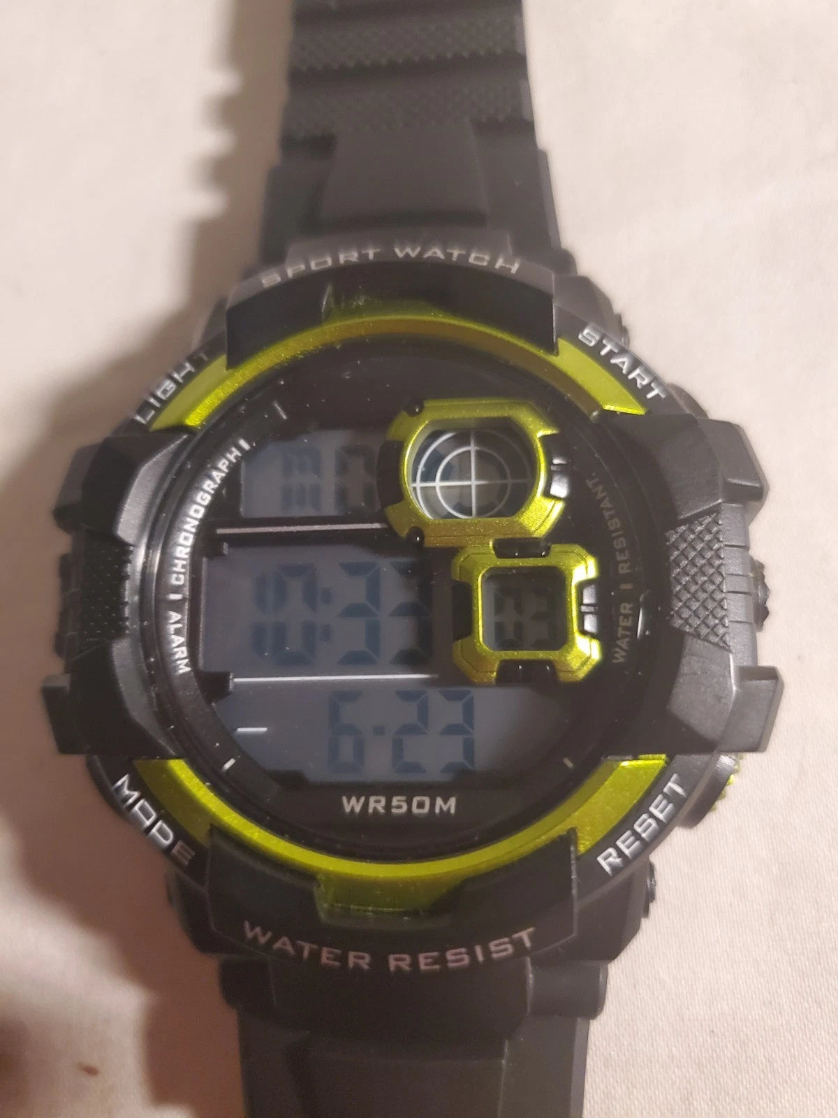 Digital Men's Watch Black with Lime Accents. Water Resist to 50m