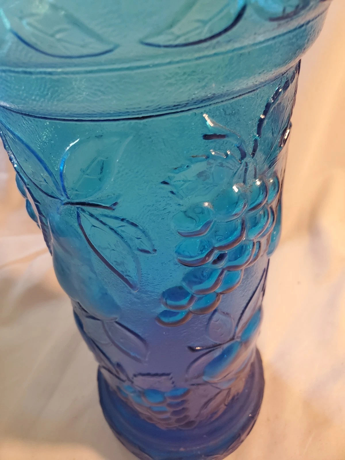 MCM Empoli Blue Glass Vase 15" Grapes Pears Pattern Made in Italy