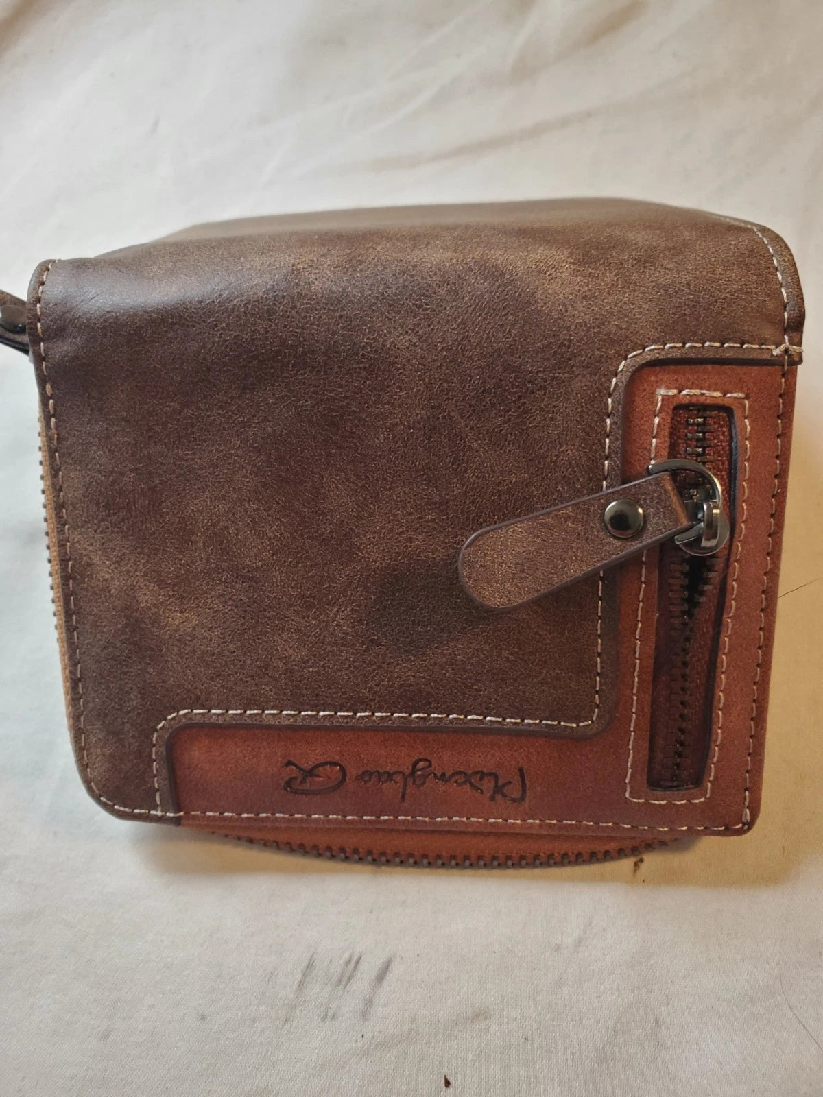 Pidengbao Men's Brown Zip Wallet Distressed Leather Coin Pocket Bifold