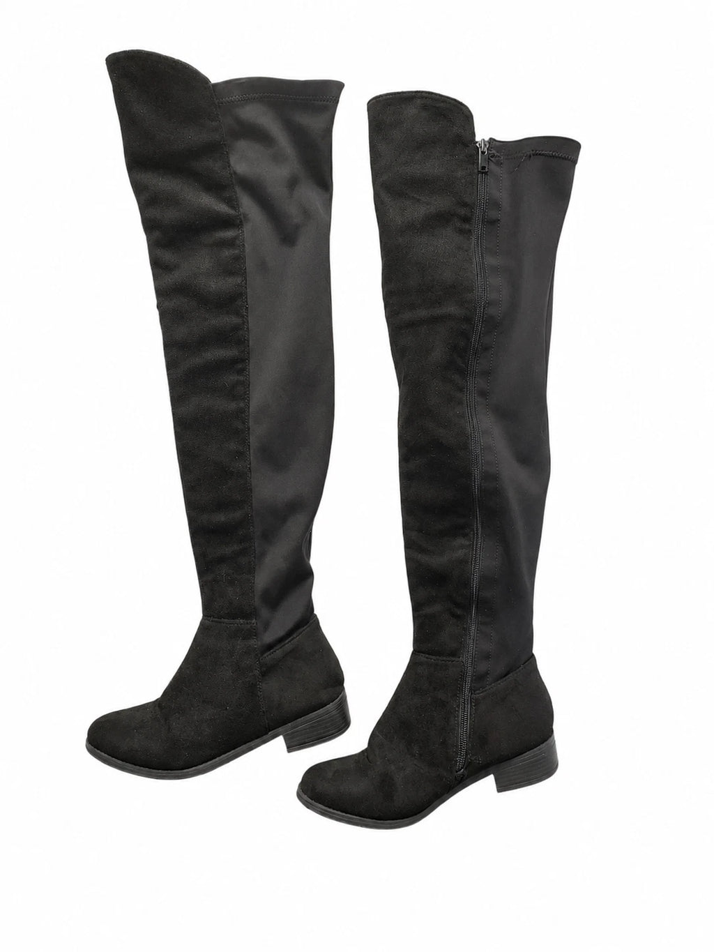 Women’s Black Thigh High Slouch Boots Size 9 Side Zip Low Heel