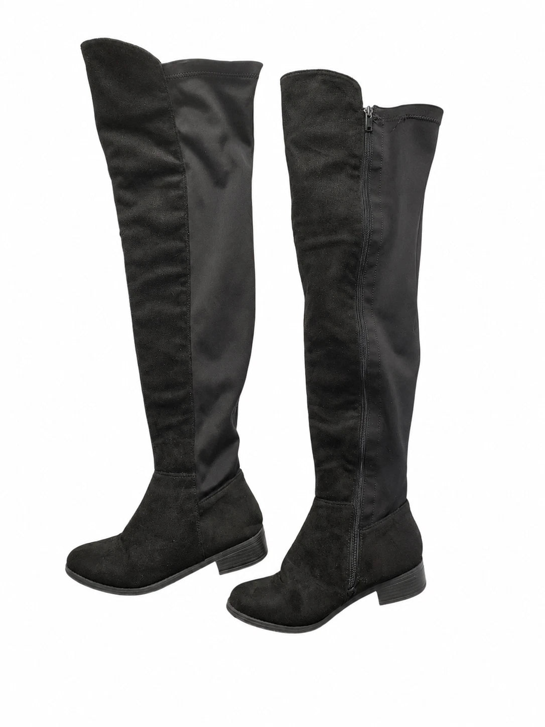Women’s Black Thigh High Slouch Boots Size 9 Side Zip Low Heel