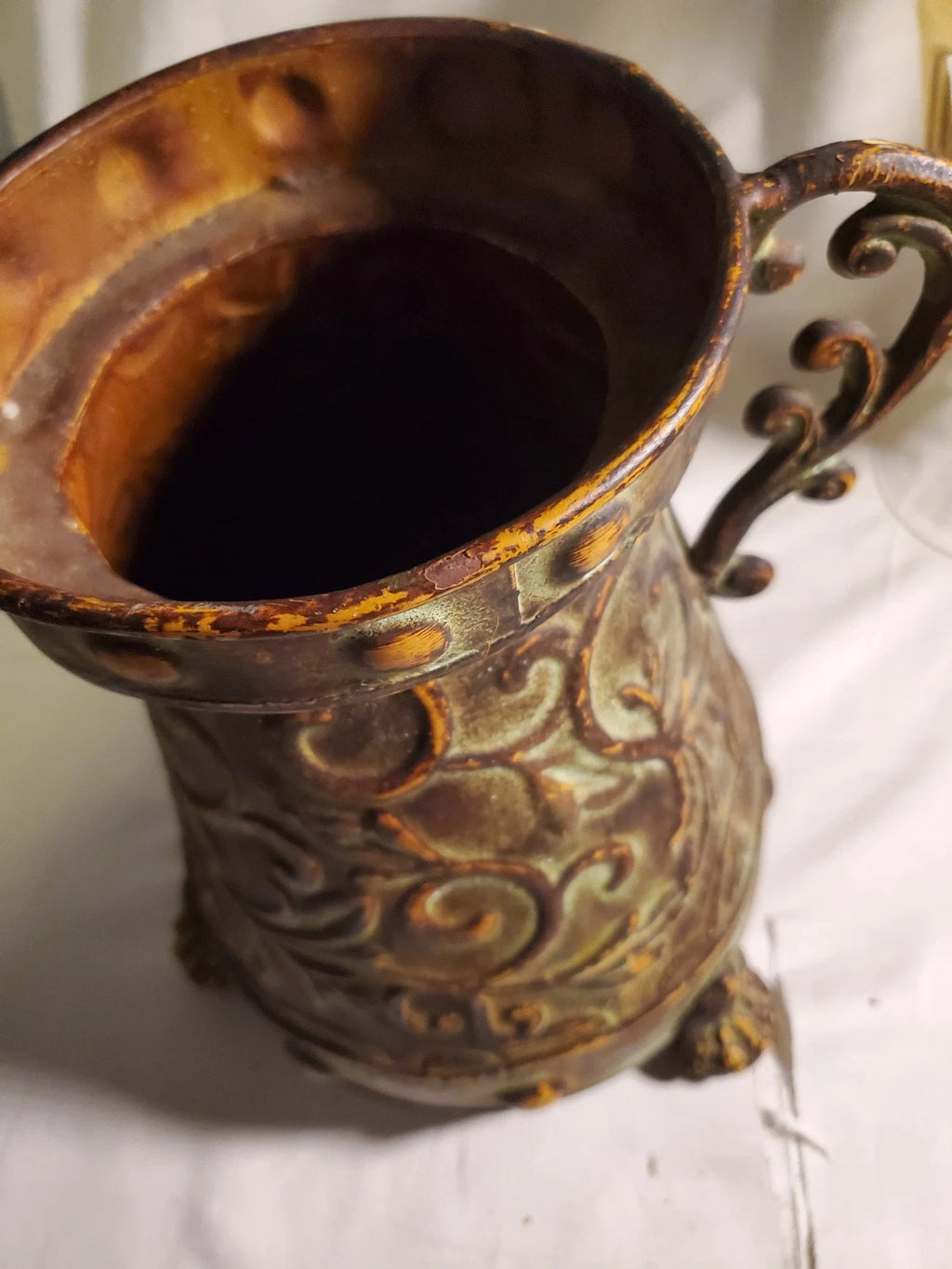 Vintage Copper Tone Embossed Metal Urn Vase Planter Scroll Handles