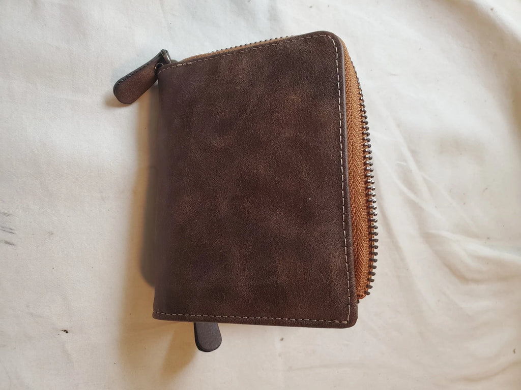 Pidengbao Men's Brown Zip Wallet Distressed Leather Coin Pocket Bifold
