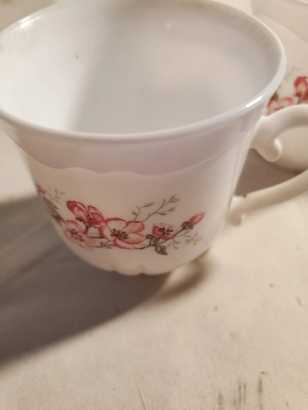 Arcopal France Vintage Floral Milk Glass Tea Cups Set of 2 Pink Blossom