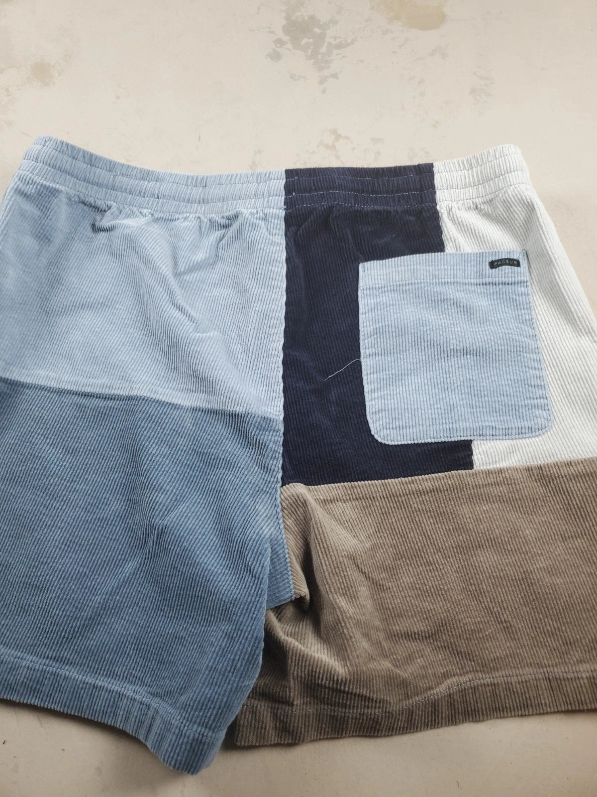 Pacsun Men's Volley Corduroy Shorts Patchwork Drawstring Pull On Blue, Tan Sz L