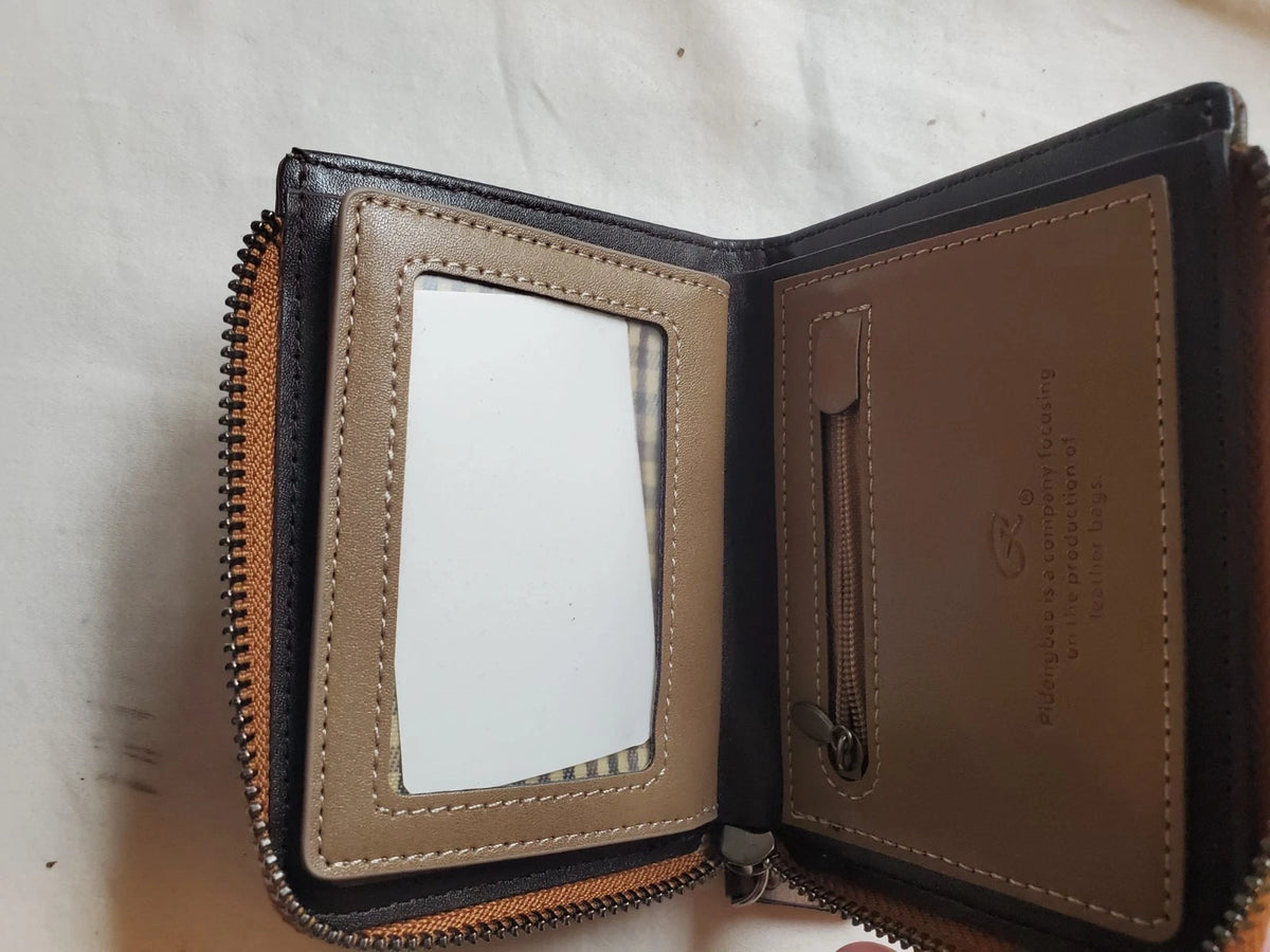 Pidengbao Men's Brown Zip Wallet Distressed Leather Coin Pocket Bifold