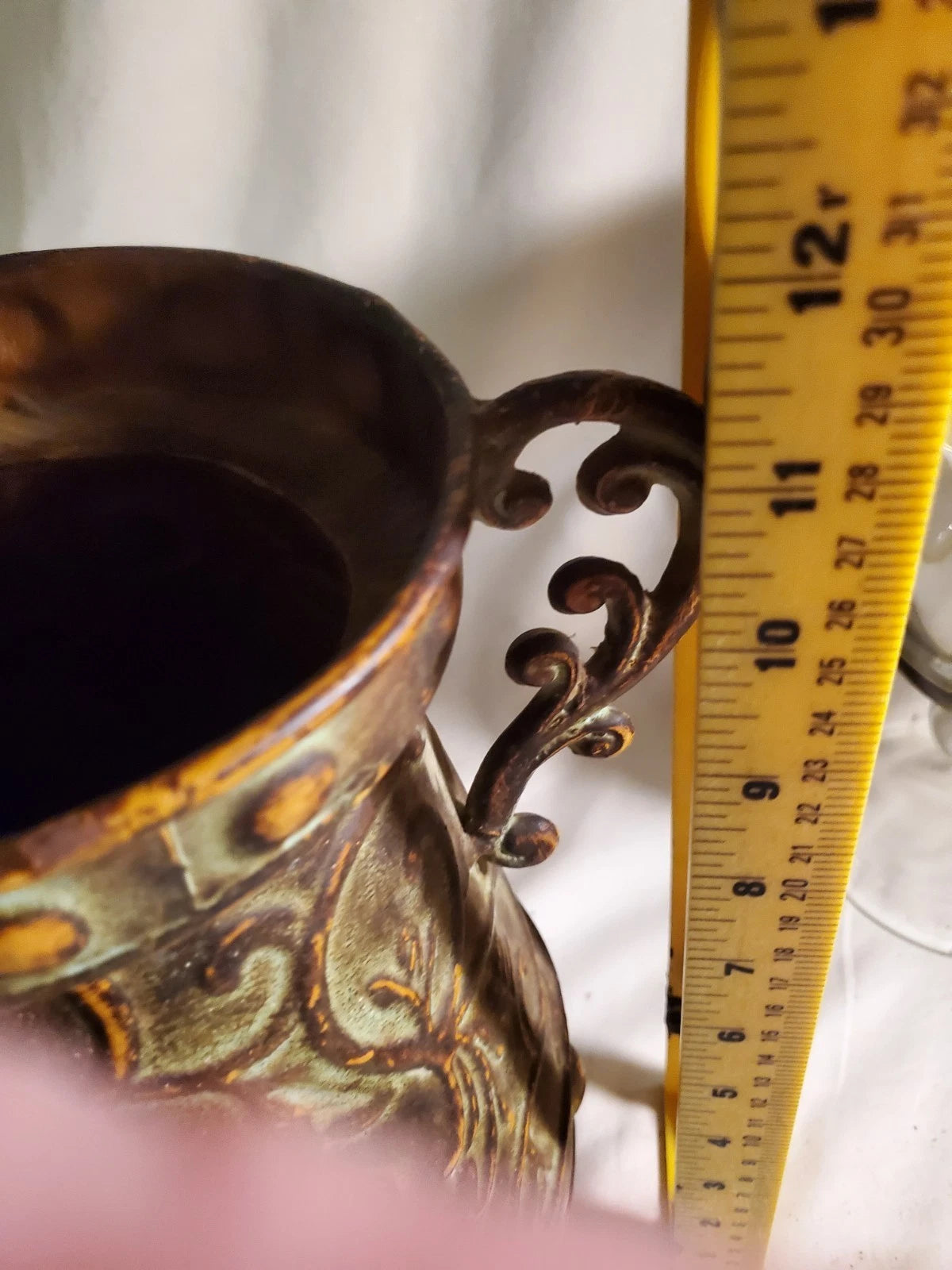 Vintage Copper Tone Embossed Metal Urn Vase Planter Scroll Handles