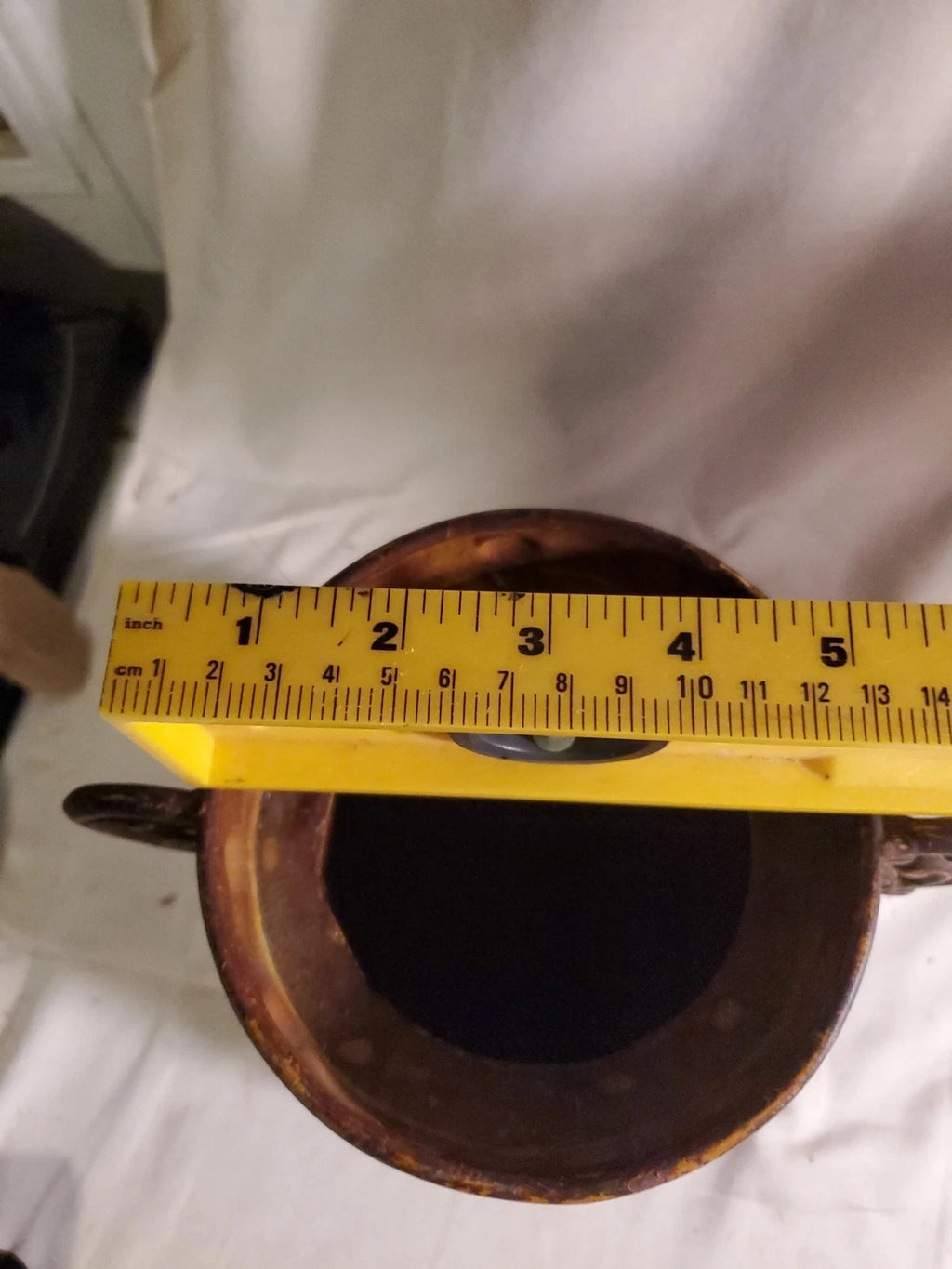 Vintage Copper Tone Embossed Metal Urn Vase Planter Scroll Handles