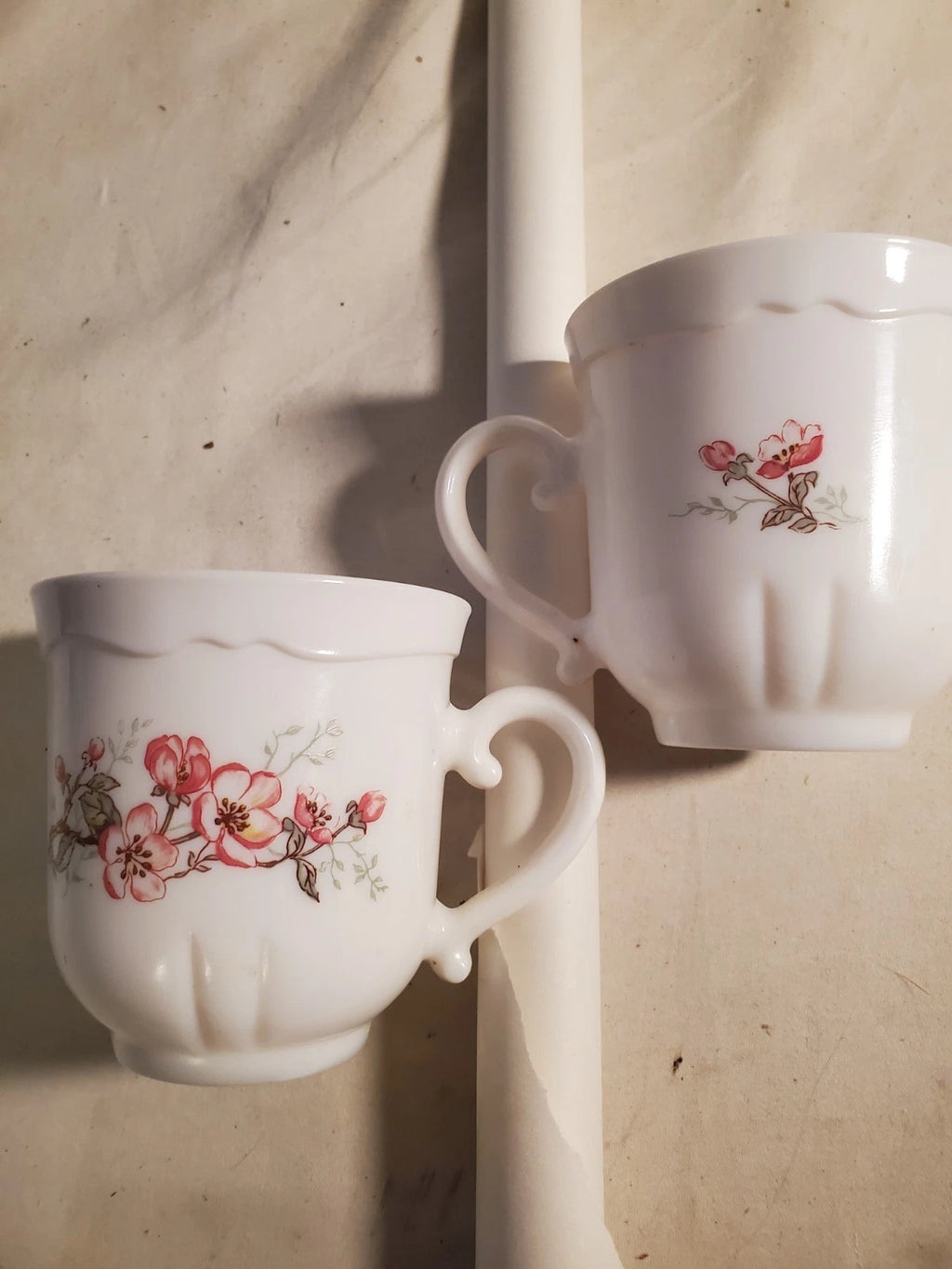 Arcopal France Vintage Floral Milk Glass Tea Cups Set of 2 Pink Blossom