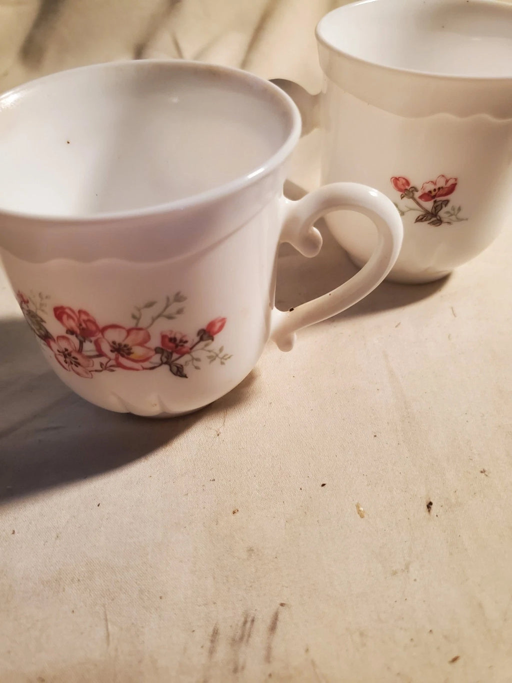 Arcopal France Vintage Floral Milk Glass Tea Cups Set of 2 Pink Blossom