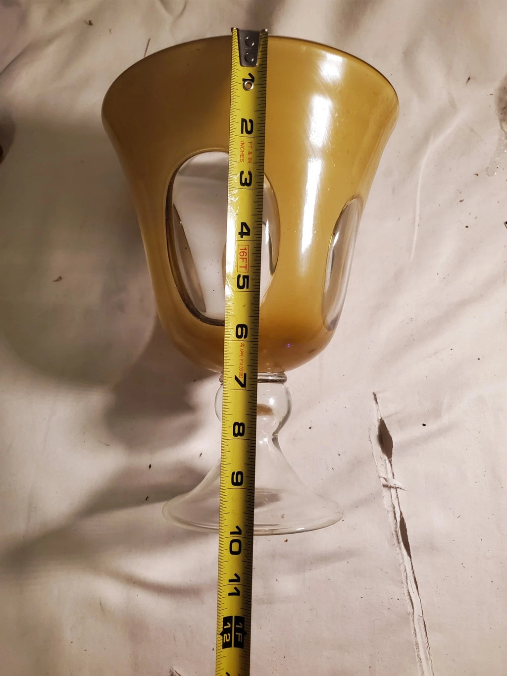 Vintage Amber &amp; White Art Glass Pedestal Vase – 10" Tall, 8" Diam