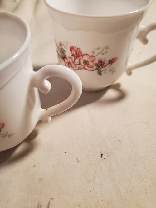 Arcopal France Vintage Floral Milk Glass Tea Cups Set of 2 Pink Blossom