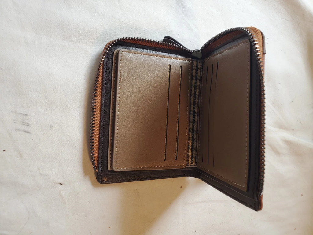 Pidengbao Men's Brown Zip Wallet Distressed Leather Coin Pocket Bifold