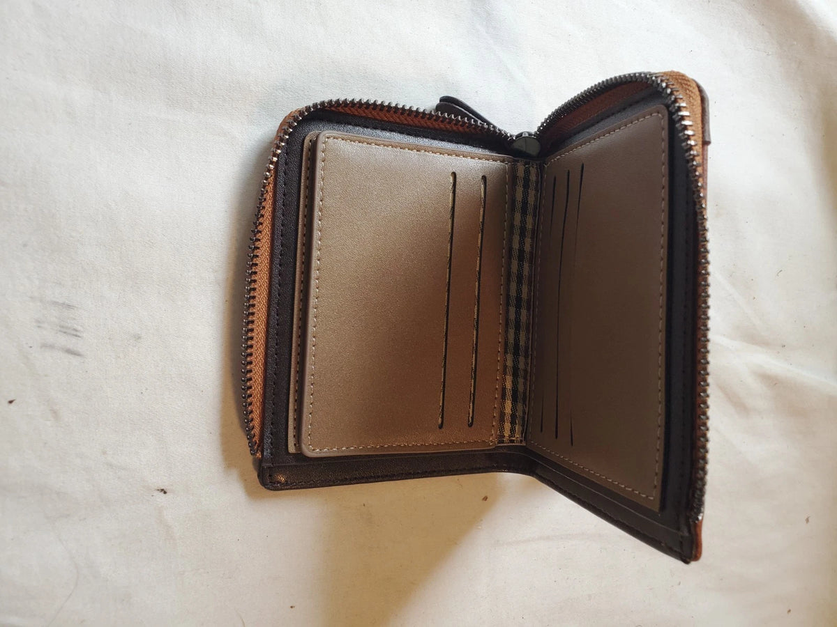 Pidengbao Men's Brown Zip Wallet Distressed Leather Coin Pocket Bifold