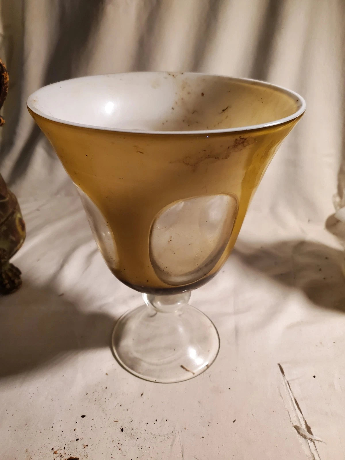 Vintage Amber &amp; White Art Glass Pedestal Vase – 10" Tall, 8" Diam