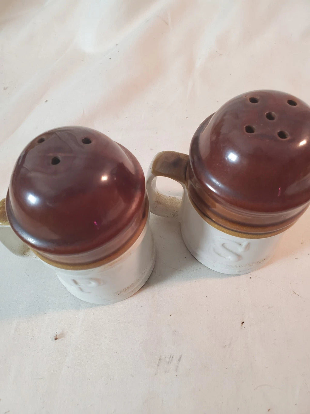 Vintage Stoneware Salt and Pepper Shakers Vintage, Brown Tan, Large