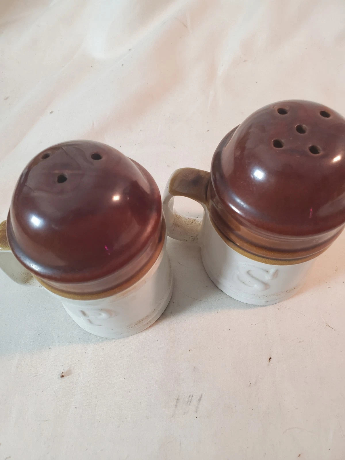 Vintage Stoneware Salt and Pepper Shakers Vintage, Brown Tan, Large
