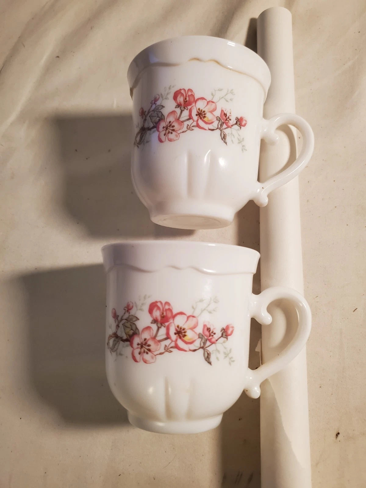 Arcopal France Vintage Floral Milk Glass Tea Cups Set of 2 Pink Blossom