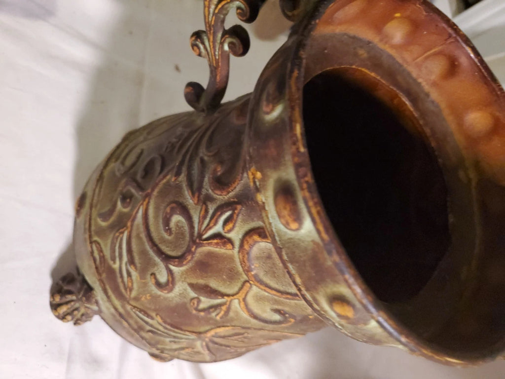 Vintage Copper Tone Embossed Metal Urn Vase Planter Scroll Handles